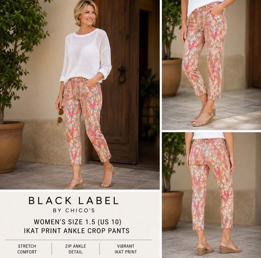 Black Label by Chico’s Women’s Size 1.5 (US 10) Ikat Print Ankle Crop Pants